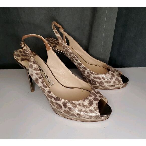 $695 JIMMY CHOO Nova Gold Leopard Shimmer Slingback Open Toe 4" Heels EU 37 US 7 - Picture 3 of 12